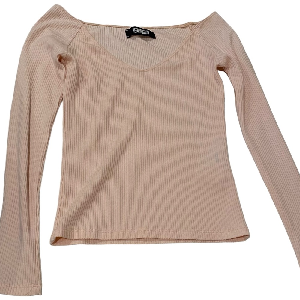 REFORMATION off the shoulder ribbed long sleeve blush pink shirt size XS